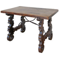 18th Century Spanish Baroque  Walnut Side Table with Iron Stretcher