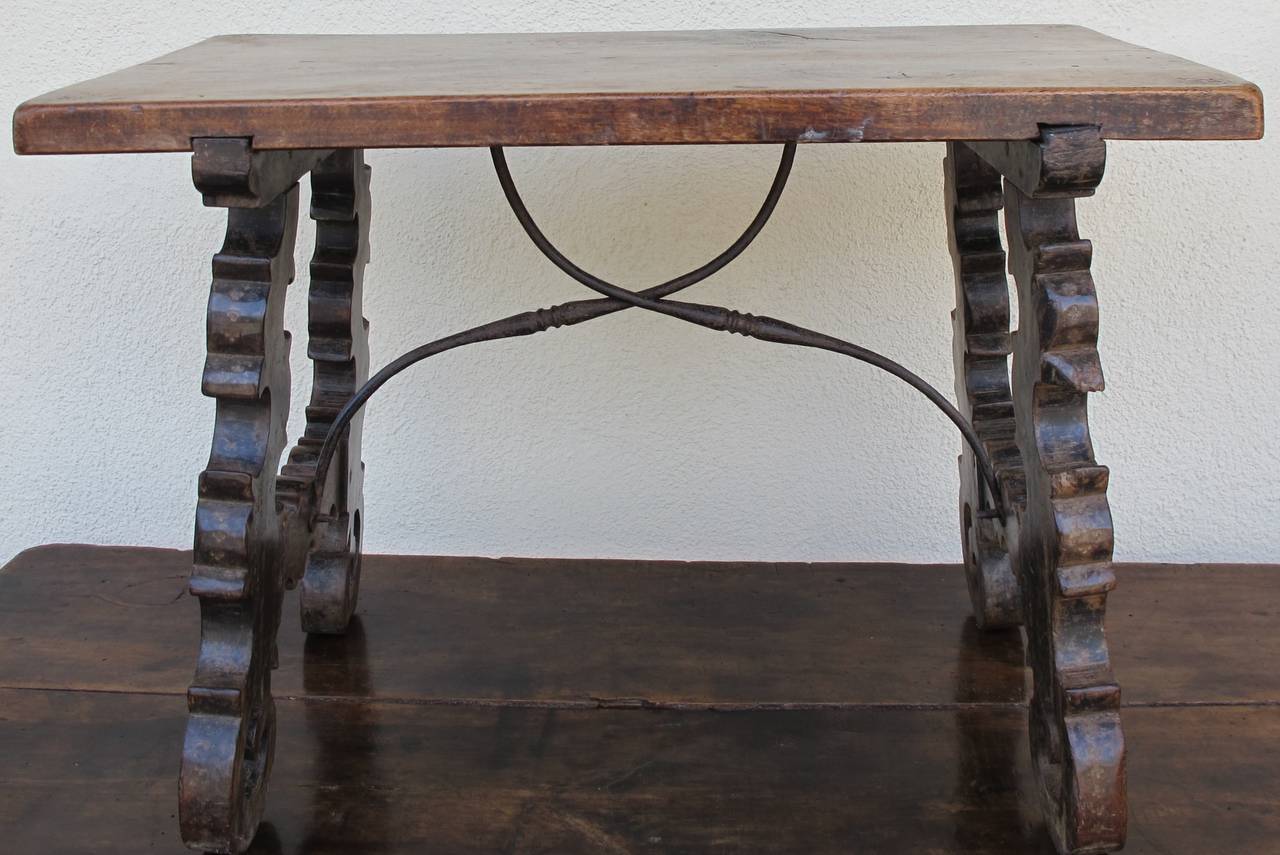 18th Century Spanish Baroque  Walnut Side Table with Iron Stretcher