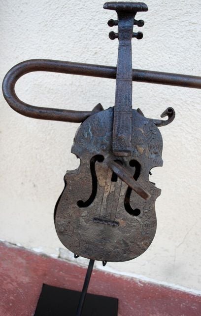 Unknown Antique Wrought Iron Violin Lock on Stand