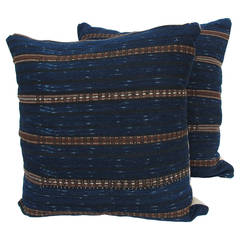 Vintage Pair of Indigo Blue Hmong Pillows with Brown Stripes