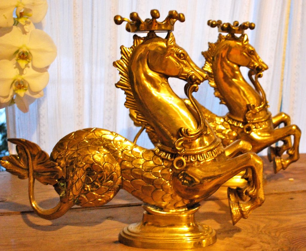 Bronze Beautiful Pair of Brass Venetian Gondola Seahorses Horses