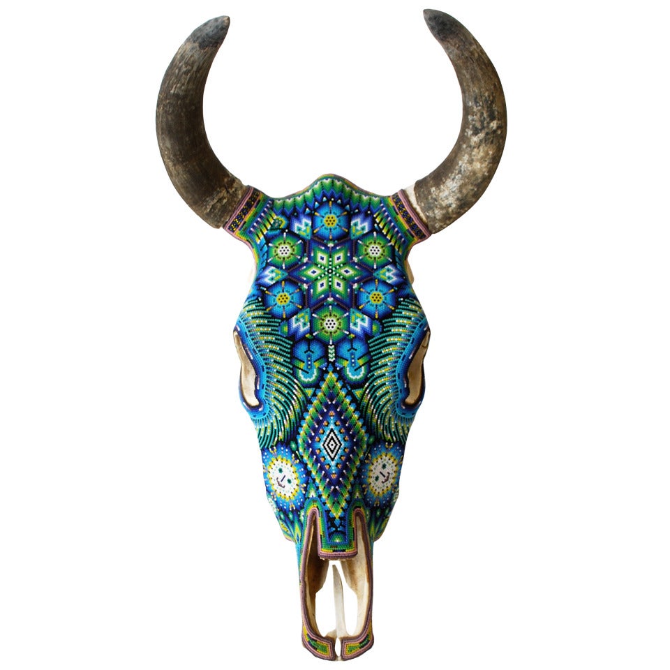 Beautiful Huichol Indian Beaded Cow Skull