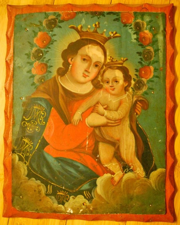 Beautiful 19th Century Mexican retablo of Madonna and child. On Tin.