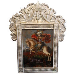 18th Century Santiago Spanish Painting in Wood with Silver Frame