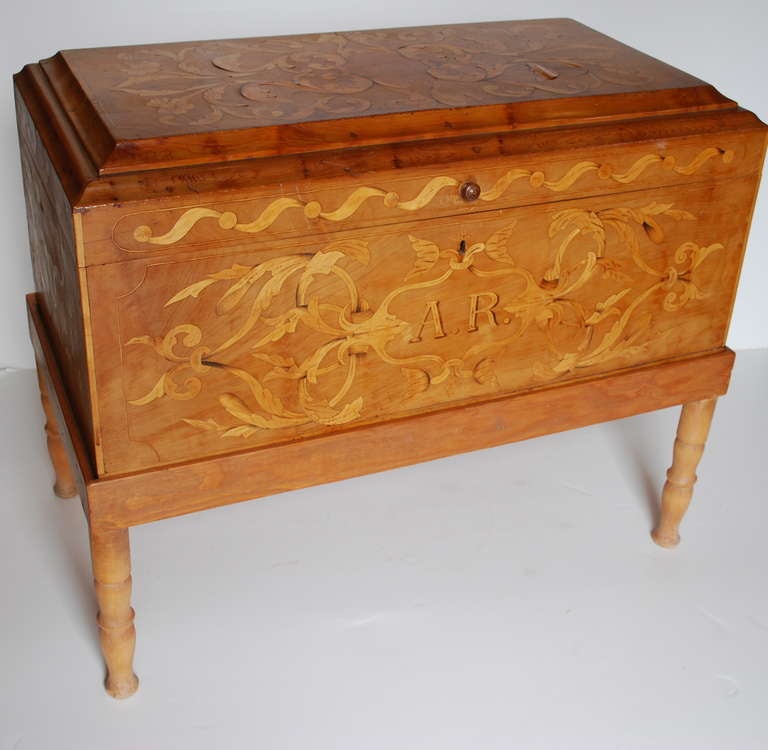 Beautiful Mexican 19th century marquetry chest on stand. With the initial A. R.