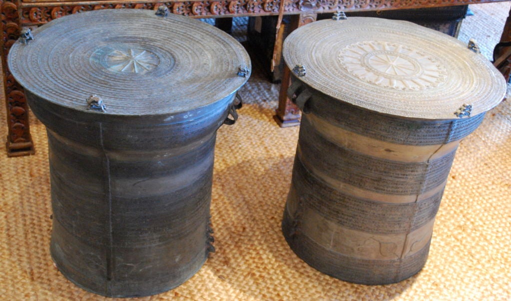 Beautiful 19th Century Bronze rain drums. Excellent side tables. Frog shaped lugs. Geometric bands and star symbols throughout.<br />
<br />
<br />
<br />
<br />
<br />
<br />
<br />
<br />
<br />
<br />
<br />
<br />
<br />
Haskell