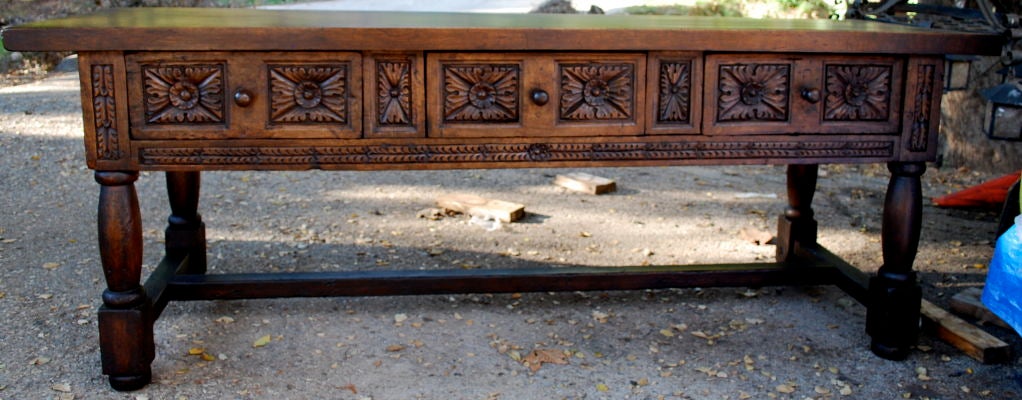 A beautiful 17th Century Spanish Walnut console table. Carved on both sides. It features a massive walnut slab top. Museum quality.<br />
<br />
<br />
<br />
<br />
<br />
<br />
<br />
<br />
<br />
<br />
<br />
Haskell