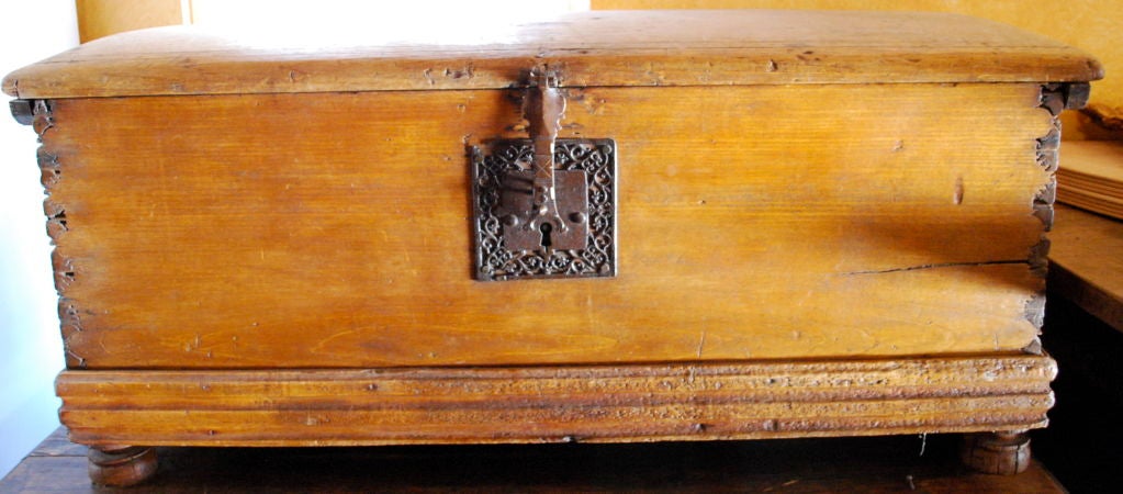 Simple clean 18th Century Spanish Colonial chest with beautiful wrought iron hardware.