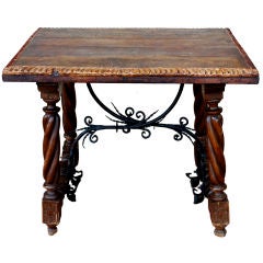 Spanish Side Coffee Table with Wrought Iron Stretcher