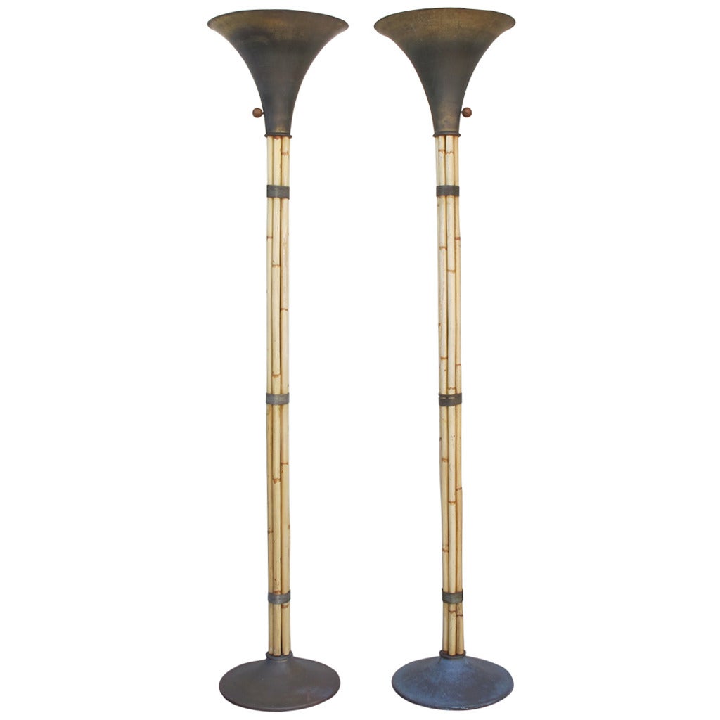 Pair of American Art Deco Bamboo Lamps by Russel Wright