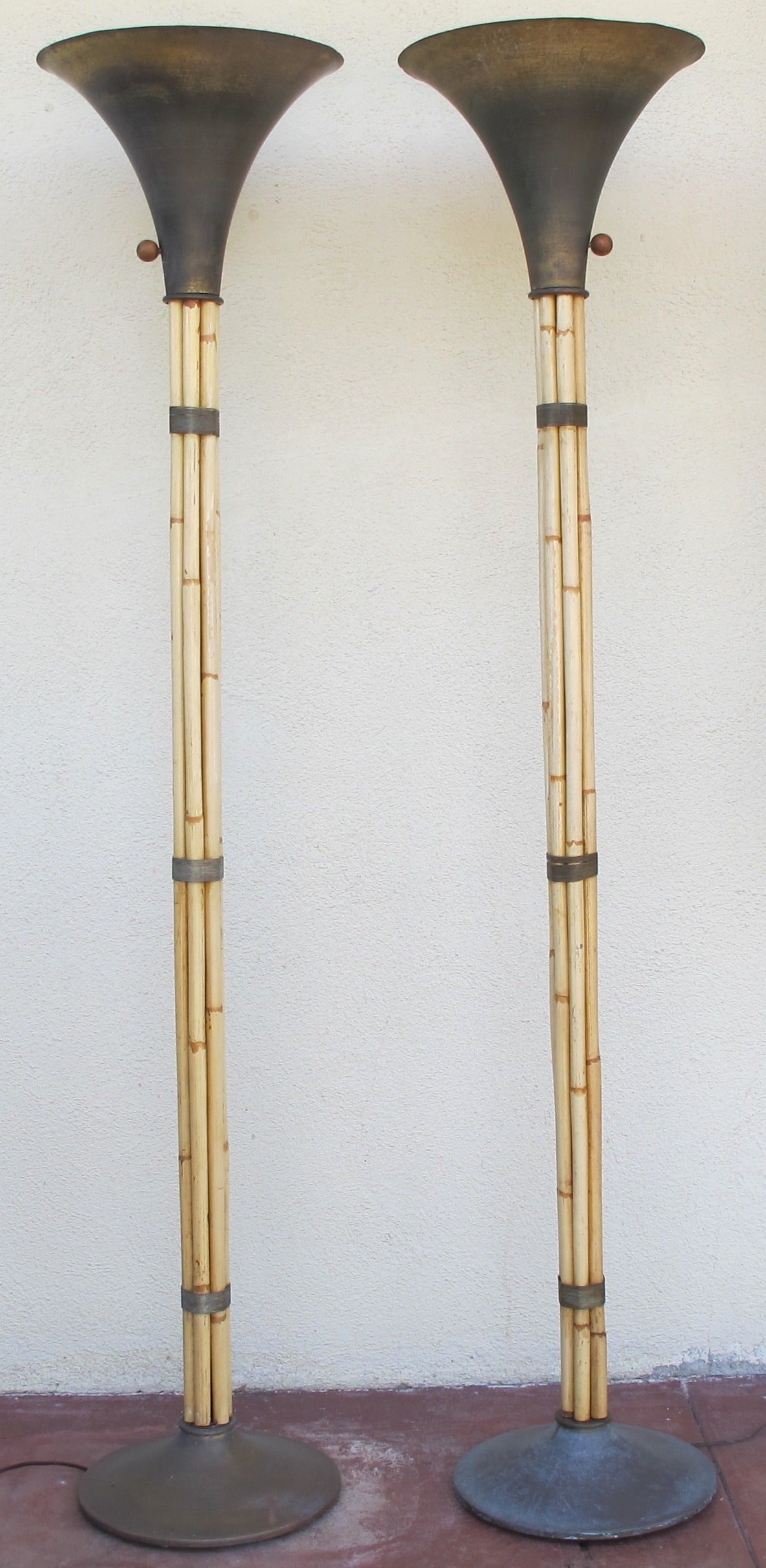 Great looking pair of Art Deco Lamps by Russel Wright. With bamboo and brass.