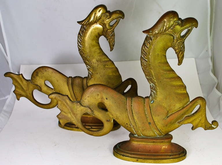 Excellent whimsical pair of Italian gondola seahorse. They have a lovely patina and are of a large scale.
