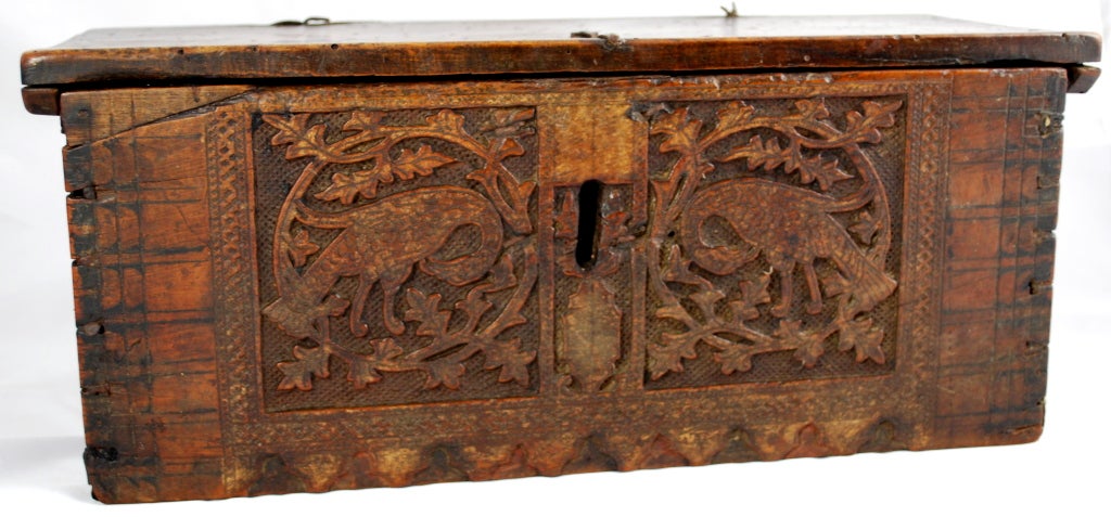 Fantastic and rare 17th Century Spanish Mudejar Coffer.  It features a pair of carved Griffins, dovetail joints and moorish style carving. This work was often done by Moorish or Jewish Artisans for the Spanish