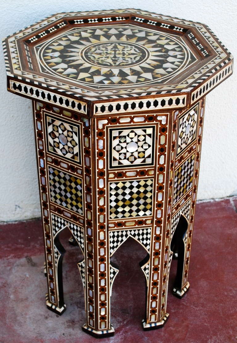 Beautiful Moorish side tables with Mother of Peal, Bone and various wood inlay. 

keywords: Moorish, Syrian, Moroccan