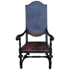 19th Century Flemish or Spanish Leather High back arm chair