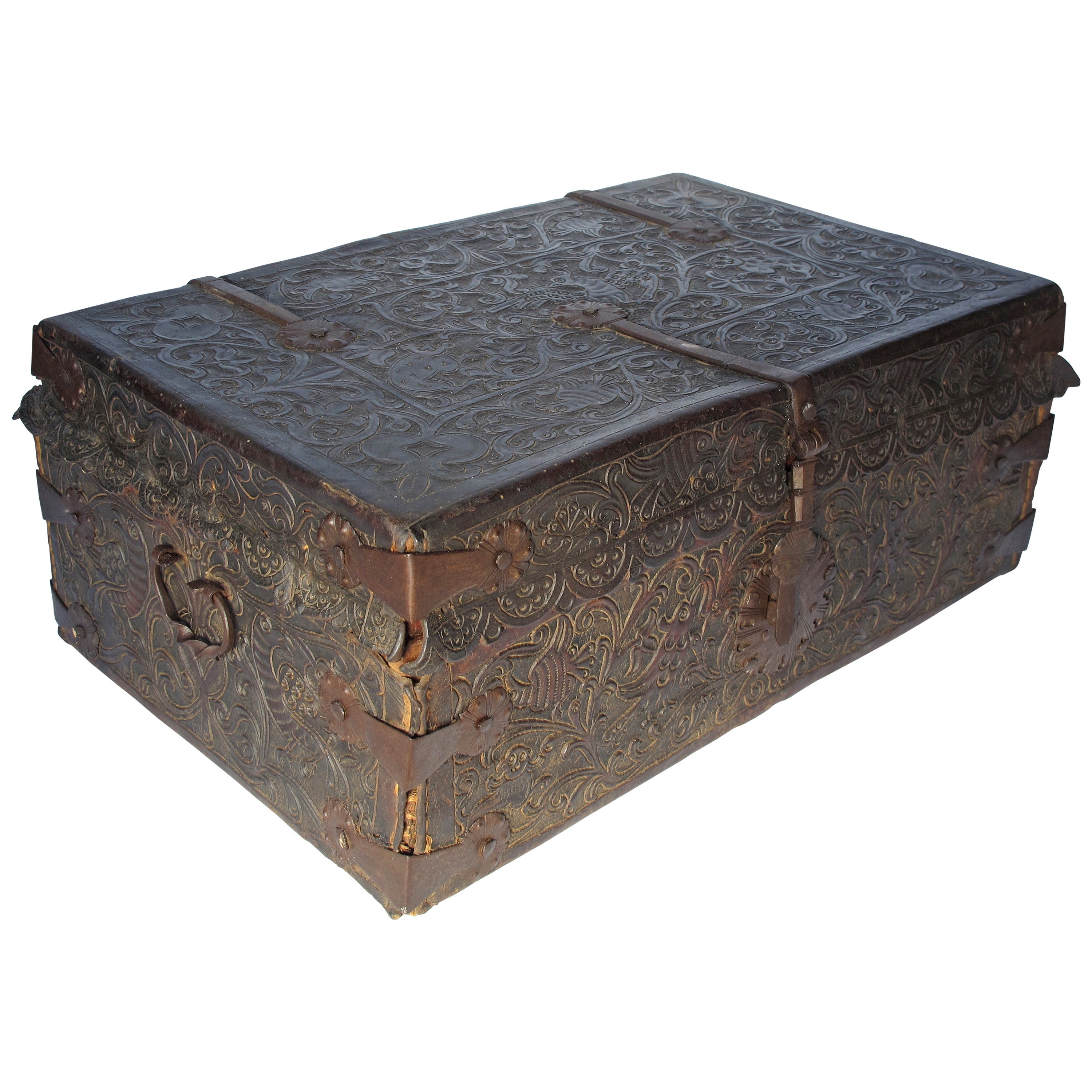 Hand-Tooled 18th Century Leather Spanish Colonial Petaca Document Box