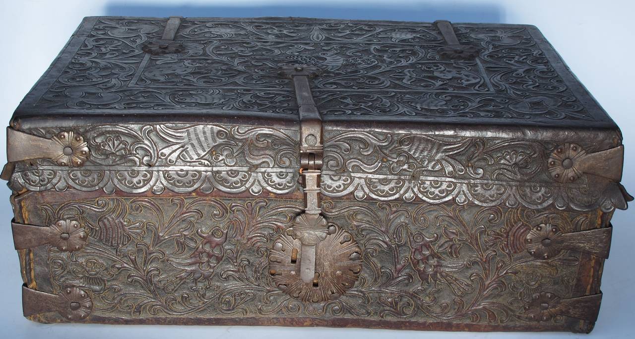 Hand tooled and embossed leather Spanish Colonial document box. Hand forged iron hardware. Velvet lined interior.