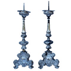Pair of 18th Century Italian Repousse Silver Candlesticks