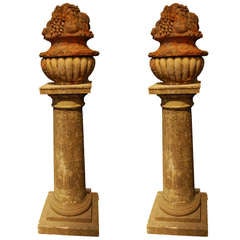 Pair of 18th Century Terra Cotta Fruit on Plinth Column Sculptures