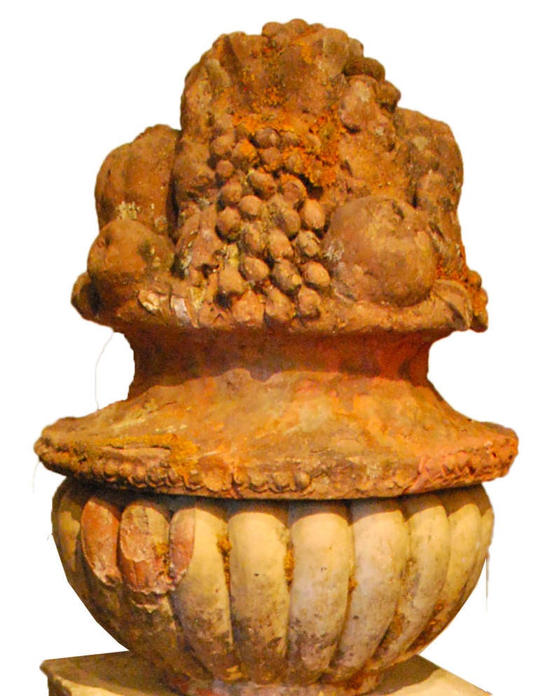 Pair of 18th Century Terra Cotta Fruit on Plinth Column Sculptures