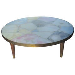 Stone, Brass Modernist Round Coffee Table Attributed to Arturo Pani Mexico