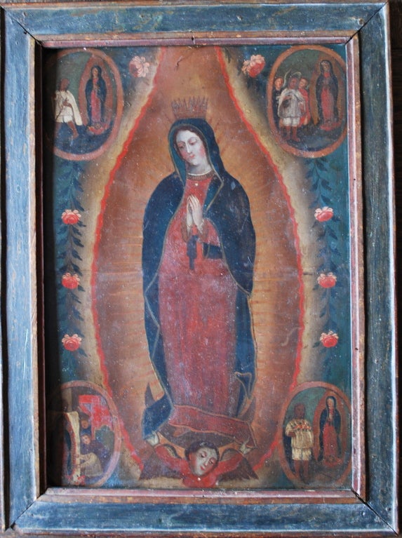 Virgin of Guadalupe Retablo with vignettes of Juan Diego and the miracle at Tepeyac. This is a very rare and early dated tin ratable. The date is Mayo, 1826.
