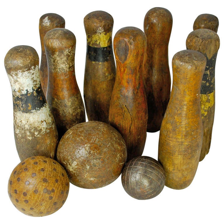 Antique Grouping of Lawn Bowling Pins and Balls at 1stdibs