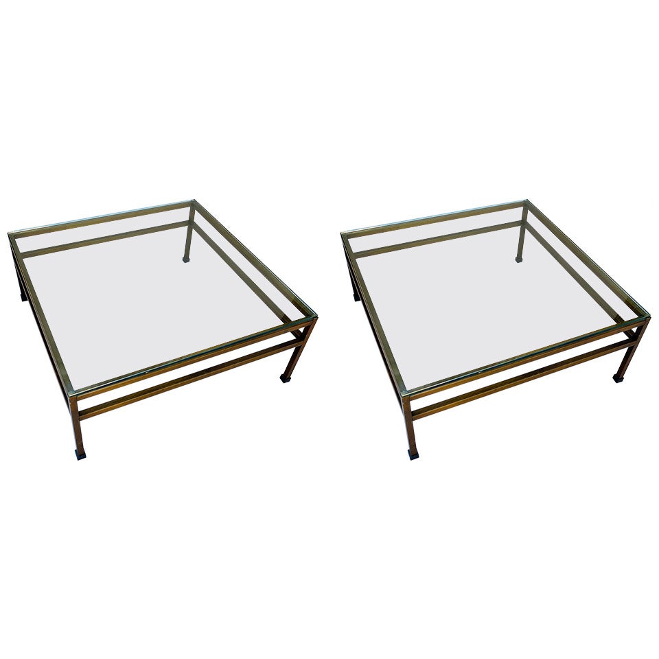 Pair of Modern Coffee Tables with Bronzed Base Glass Top