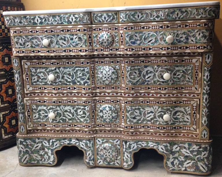 Stunning Pair of Syrian Mother of Pearl Abalone Dressers In Excellent Condition In Montecito, CA
