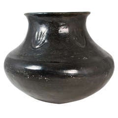 Antique Santa Clara Burnished Black Jar w/ Badger Paw Pattern