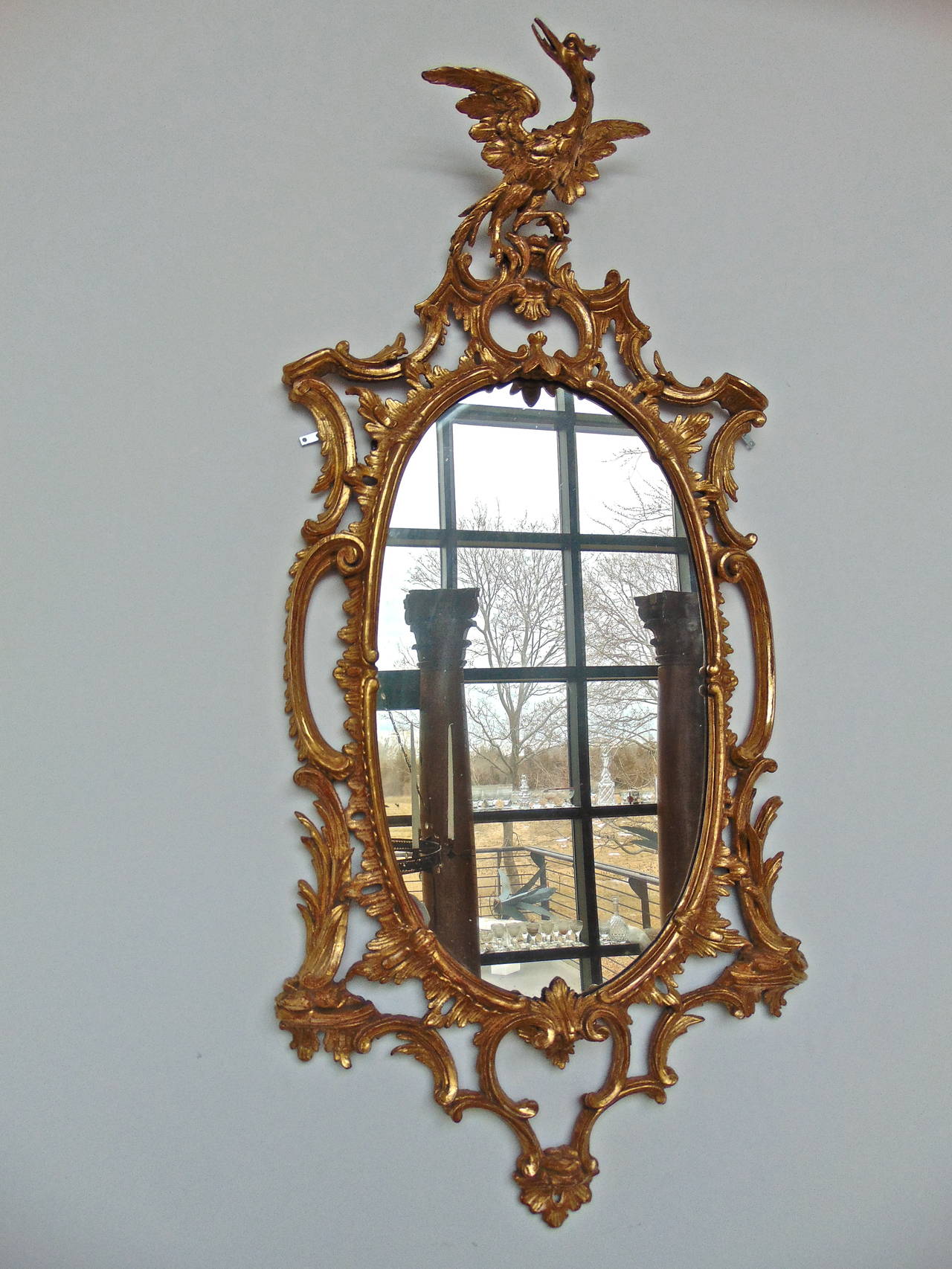 British Period 18th Century Chippendale, Carved and Gilt Mirror with Ho Ho Bird