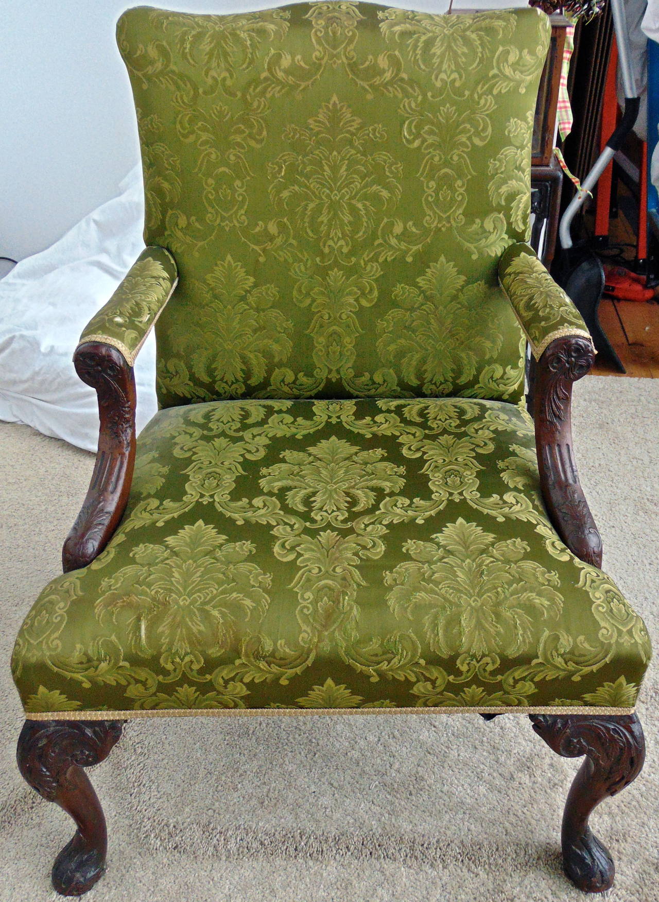 Carved Period George II Mahogany Gainsborough Chair in the Manner of William Kent