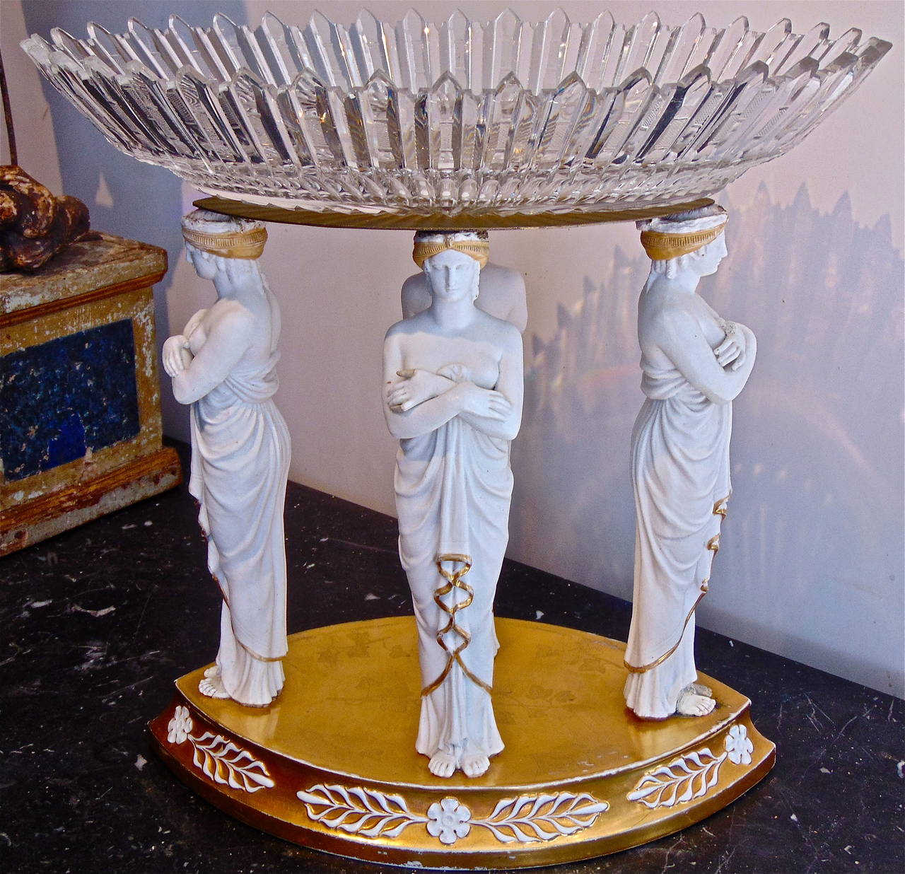 Period Early 19th Century Sevres Gilt and Bisquit Porcelain Centerpiece

--Gilt and Bisque Neoclassical Caryatid Form 
--Now with Cut Crystal Basket
--Exquisite