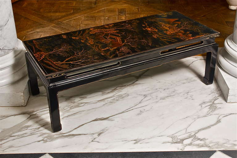 Arts and Crafts Chinese Black Lacquer Coffee Table Made from a Period Screen Panel