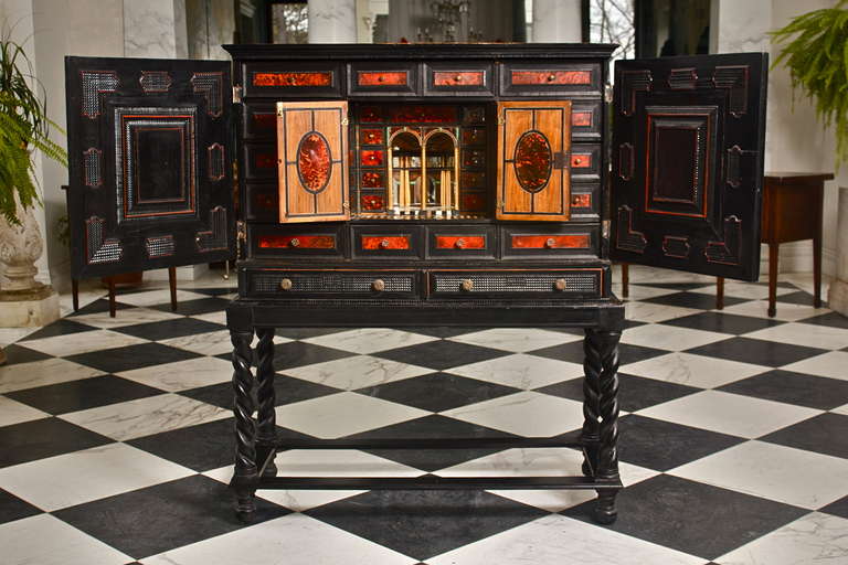 18th Century and Earlier Period Baroque Ebony and Tortoise Vargueno or Cabinet on Stand