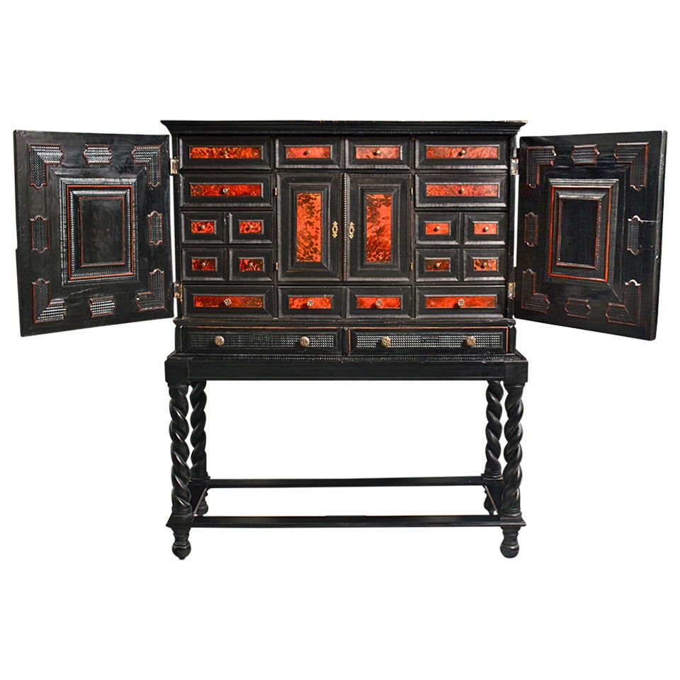 Period Baroque Ebony and Tortoise Vargueno or Cabinet on Stand