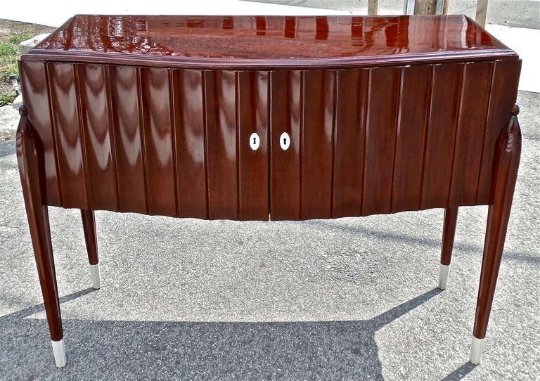 Period Art Deco Mahogany Sideboard or Credenza, open Interior of Birch, original Hardware, ivory Feet and Escutcheons, fine French Polish. French or American in Manufacture.