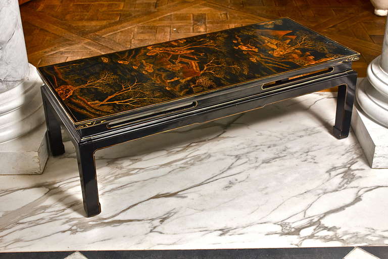 Period Late 18th to Early 19th Century Chinese Screen Panel Now as A Lacquer Coffee Table

--Chinese Village And Mountain Scene
--Exquisite Custom Base