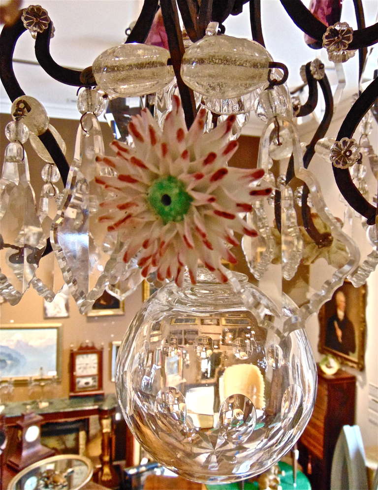Iron 18th Century Five Light French Provincial Chandelier with Porcelain Flowers