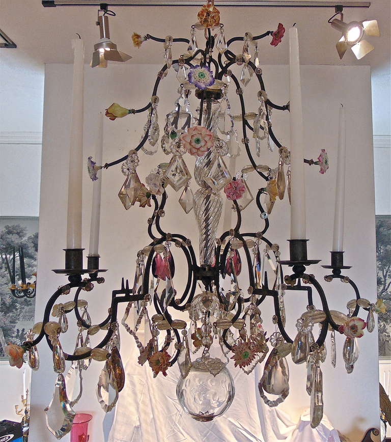 Country 18th Century Five Light French Provincial Chandelier with Porcelain Flowers