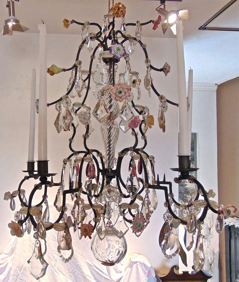 18th Century Five Light French Provincial Chandelier with Porcelain Flowers In Excellent Condition In Essex, MA