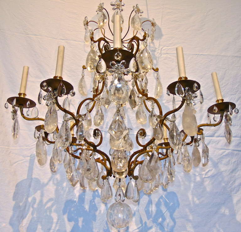 Exquisite Louis XVI Rock Crystal Bronze Chandelier Attributed to Maison Bagues 1