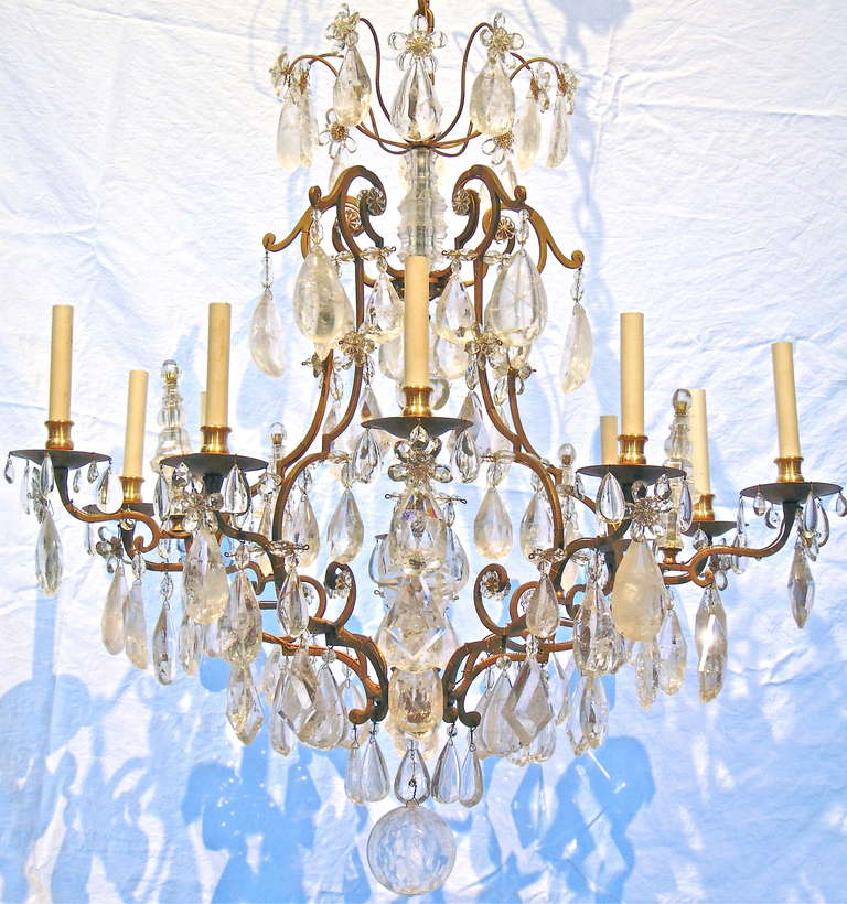 Exquisite Louis XVI Rock Crystal Bronze Chandelier Attributed to Maison Bagues In Excellent Condition In Essex, MA