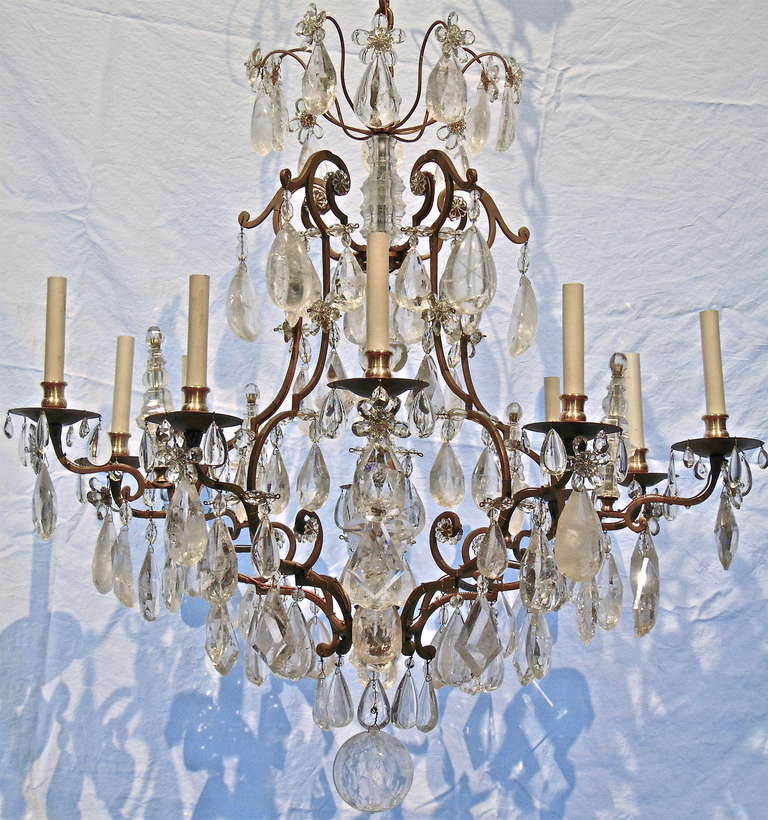 French Exquisite Louis XVI Rock Crystal Bronze Chandelier Attributed to Maison Bagues
