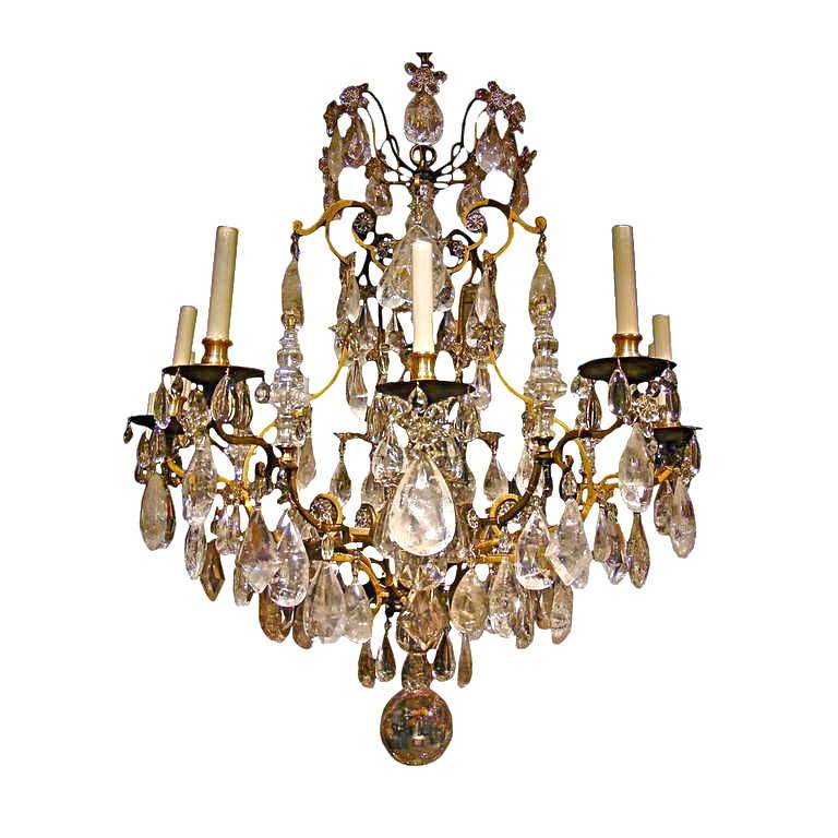 Louis XV or XVI Bronze Cage Form Rock Crystal Ten Light Chandelier

--Most Elements including Large Obelisk Forms are Hand Cut and Polished Quartz or Rock Crystal which Would Indicate a Parisian Maker Such as Bagues
--Excellent Size and Chic