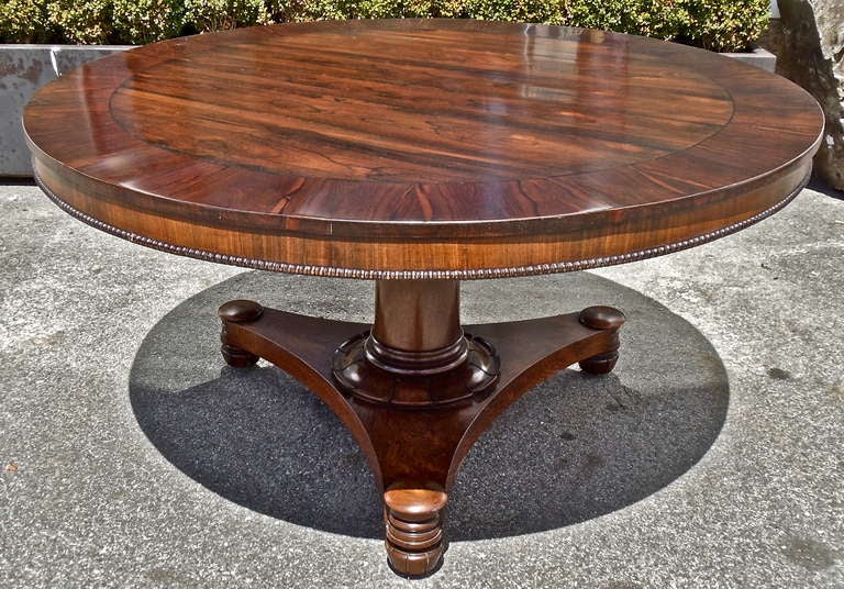 Period Regency Rosewood Center or Dining Table

--Round with Original Tip Top Mechanism
--Regency Neoclassical Tripartate Pedestal
--China Trade or Anglo Colonial of Indian Rosewood with Cedar
Secondary Wood, All Colonial Construction and