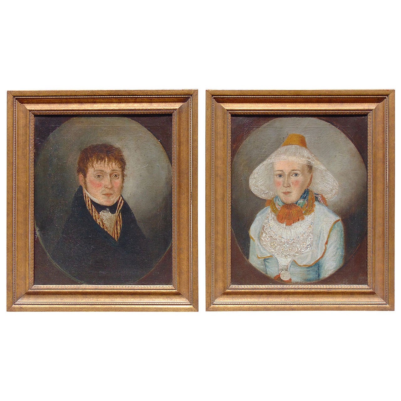Pair of Period French Provincial Directoire Portraits, Late 18th Century
