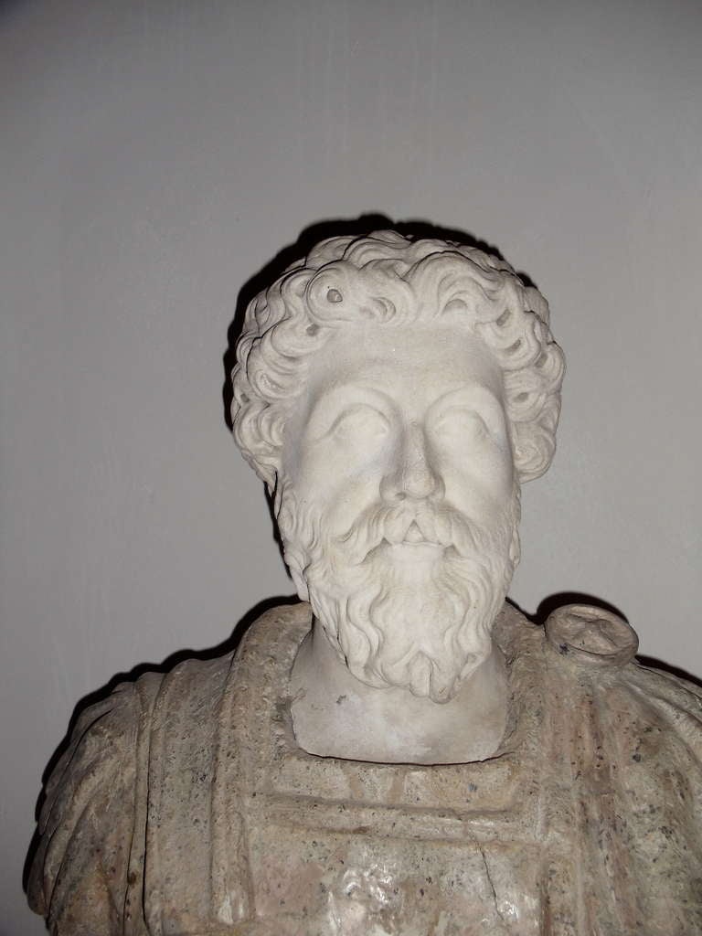 Period Florentine Bust, Early, Of Roman Emperor  Marcus Aurelius
--17th Century
--Mixed Marbles, Statuario Head
--Neoclassical Early Period

Provenance: Villa Solitude, Manchester-by-the-Sea, MA