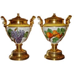 Antique Pair of Paris Porcelain Fruit Coolers as Lamps