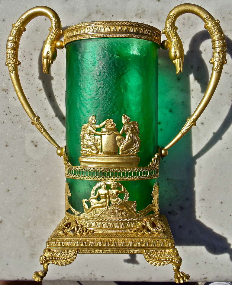 Magnificent Empire or Charles X Gilt Bronze and Emerald Green Glass Vase